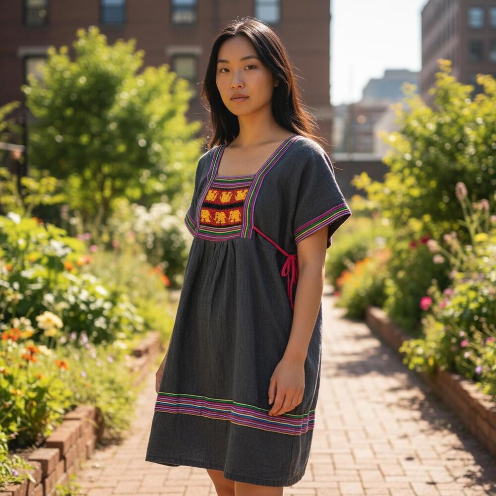 Black Embroidered Ethnic‎ Style Women's Tunic Elephants Colorful Trim